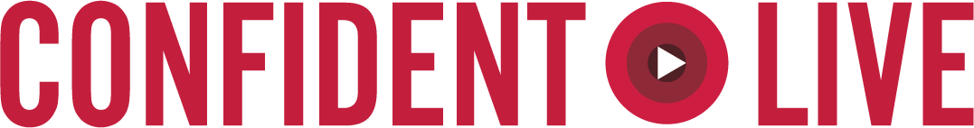 Confident Live logo: red condensed capitals with a red play button between the words