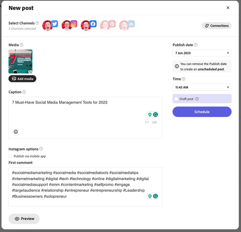 Creating a new post in Adobe Express