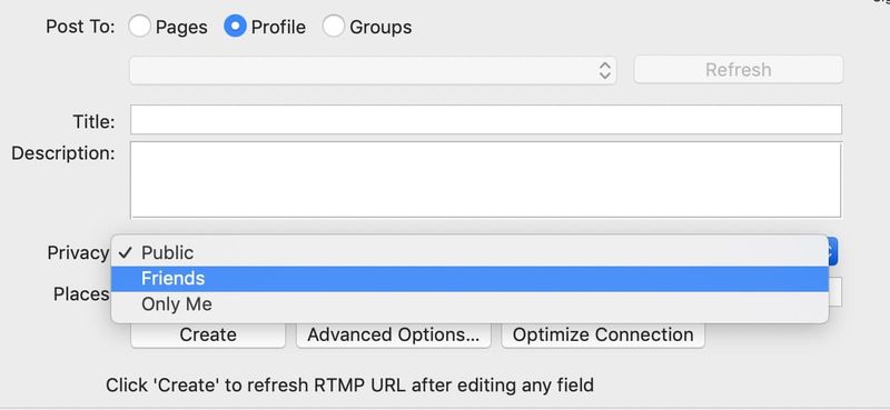 Wirecast destination & privacy settings for Facebook