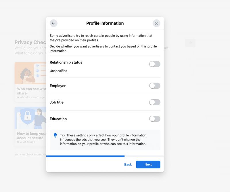 Facebook Privacy and security - Profile Information