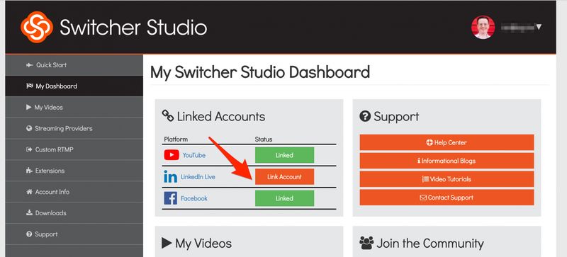 Adding LinkedIn Live in the SwitcherStudio Dashboard